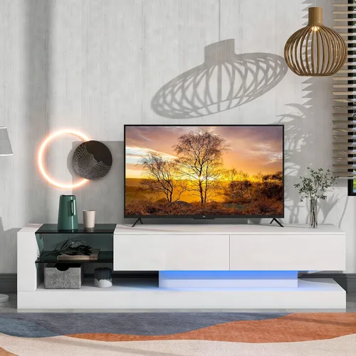 Vista 26 de Soporte de TV versátil de alto brillo con luces LED que cambian de color y 2 estantes de vidrio templado, centro de entretenimiento para televisores