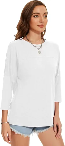 Vista 81 de ZENNILO Camisetas casuales de manga 3/4 para mujer, holgadas, cuello redondo, lindas camisetas básicas