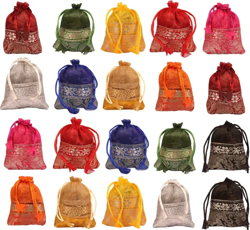 Vista 15 de Touchstone Preciosas bolsas de regalo reutilizables, respetuosas con el medio ambiente, brocado de cachemira con cordón grande para cumpleaños