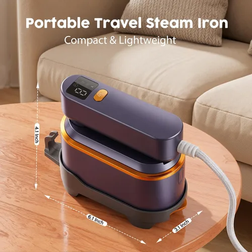 Vista 4 de Vaporizador portátil de viaje para ropa de 1200 W, potente vaporizador y plancha 2 en 1, calor rápido de 10 segundos, 4 modos con pantalla LED