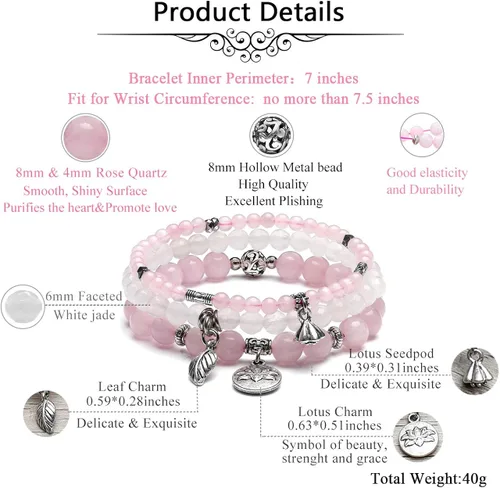 Vista 5 de Jovivi - 3 pulseras de cuentas de cristal de cuarzo rosa amatista para chakras, energía natural de curación, cuentas de loto, piedra reiki