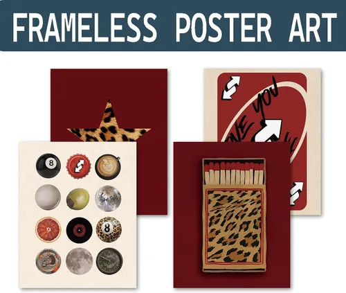 Vista 2 de KDHTY Juego de 4 Impresiones Artísticas de Pared Retro Rojas de Moda, Pósters de Arte de Pared Funky Retro Y2K Leopardo Caja de Cerillas Estrella