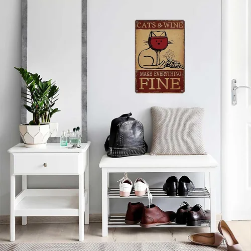 Vista 4 de LAHUTK Cartel de letreros divertidos con diseño de gato y vino «Make Everything», arte de pared de metal fino para oficina, dormitorio, bar, garaje