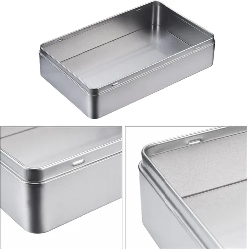 Vista 4 de Hotop 1 paquete de cajas de lata vacías rectangulares plateadas de 8.5 por 5.3 por 1.9 pulgadas, regalo, joyería y kit de lata de almacenamiento