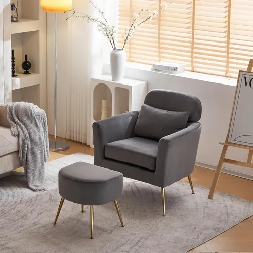 Vista 2 de Elegante silla de sala de estar medio desmontada con reposapiés - Silla de dormitorio con otomana (gris oscuro)