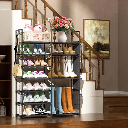 Vista 5 de Kottwca - Zapatero de 7 niveles de metal para entrada y armario, con capacidad para 24-28 pares, estante apilable para zapatos y botas con ganchos