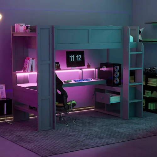 Vista 14 de KLMM Cama loft de madera creativa de tamaño individual con escritorio y estantes de almacenamiento múltiple, LED y un perchero para colgar ropa