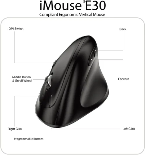 Vista 7 de Adesso Imouse E30-2.4GHz Ratón ergonómico vertical inalámbrico para diestros, color negro