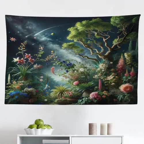 Vista 166 de Ambesonne Tapiz verde, fases lunares alrededor de un árbol de la vida, impresión de diseño bohemio de astrología nocturna, decoración de tela