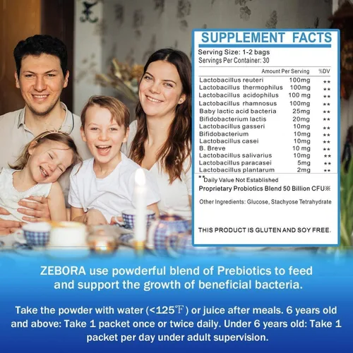 Vista 5 de ZEBORA Probióticos para mujeres, hombres y niños a partir de 3 años, prebióticos y probióticos en polvo para la salud digestiva e inmunológica