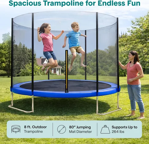 Vista 6 de SereneLife - Trampolín al aire libre de 8 pies, 10 pies, 12 pies, 14 pies con red de cierre, escalera y revestimiento antioxidante - Trampolín
