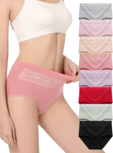 Vista 19 de HAVVIS Bragas Ropa Interior de Mujer de Algodón Cintura Alta Control Abdominal Panties Rosa Jacquard para Damas Multipack Calzoncillos 01 - Paquete