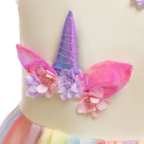 Vista 6 de Eledobby Disfraz de unicornio para niñas, ropa de vestir de princesa de cumpleaños, trajes de Halloween, fiesta de Navidad, vestido de tutú arcoíris