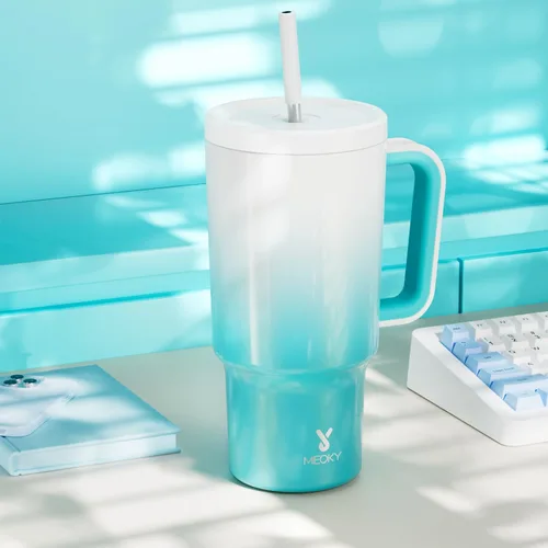 Vista 8 de Meoky - Vaso de 30 oz con asa, tapa y pajilla, taza de viaje térmica de acero inoxidable 100% a prueba de fugas, para portavasos, mantiene el frío