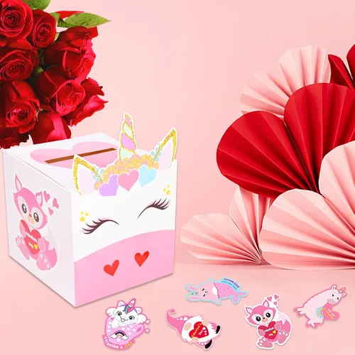 Vista 6 de Cajas de San Valentín, 33 tarjetas de unicornio para el día de San Valentín y buzón de San Valentín para intercambio de suministros de fiesta