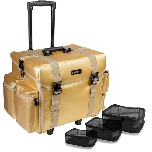 Vista 11 de Estuche de maquillaje blando con carrito SHANY Cosmetics, 2 compartimientos, color negro con 3 bolsas organizadoras de malla de regalo