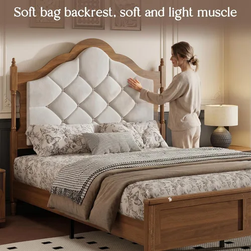 Vista 4 de Full Size Bed Frame with 57 in High Headboard,Solid Pine Wood Platform Bed with Victorian Button Tufted Headboard No Box Spring Needed Noise Free
