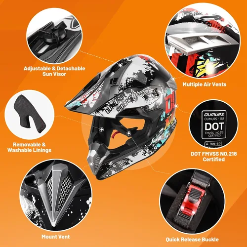 Vista 2 de OUMURS DOT Casco de Dirt Bike para Adultos con Gafas, Guantes y Máscara, Visera Solar Ajustable, Casco de Motocicleta ATV Todoterreno Motocross