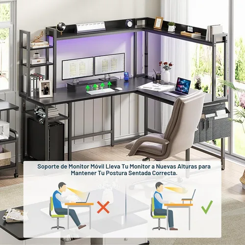 Vista 6 de Aheaplus Escritorio en forma de L con toma de corriente, escritorio para juegos en forma de L con luz LED y alacena, escritorio reversible