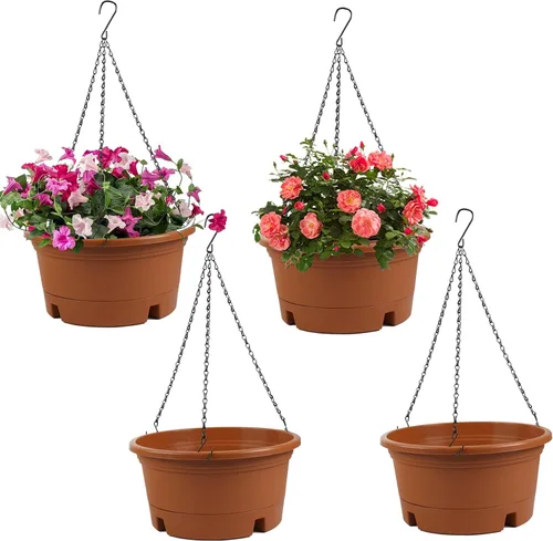 Vista 8 de Macetas colgantes de 10 pulgadas para plantas de interior, paquete de 4 cestas colgantes de plástico con bandejas extraíbles y cadena de 15.7