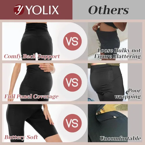 Vista 4 de YOLIX Paquete de 2 pantalones cortos de maternidad sobre el vientre, cintura alta, negro, entrenamiento, 8 pulgadas, pantalones cortos de ciclismo