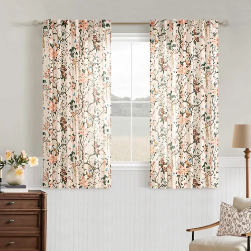 Vista 57 de Cortinas de lino de pájaro floral azul 2 paneles de 72 pulgadas de largo Aqua Blue
