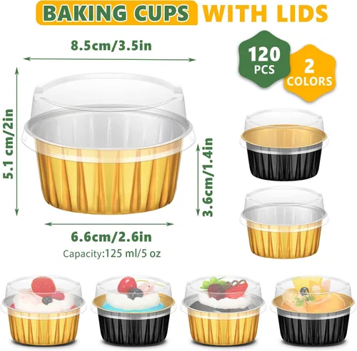 Vista 2 de 120 Pcs Moldes de Papel de Aluminio para Hornear Mini Moldes para Pasteles con Tapas 5 oz Forros para Cupcakes Moldes Desechables para Magdalenas