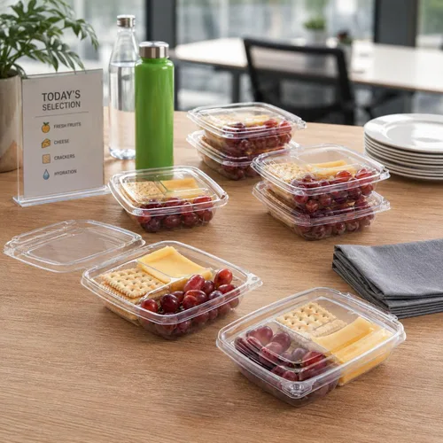 Vista 3 de Restaurantware - Contenedor de comida de 100 unidades de 6.8 x 5.5 x 1.5 pulgadas, 3 compartimentos de plástico con tapa con bisagras, contenedor a
