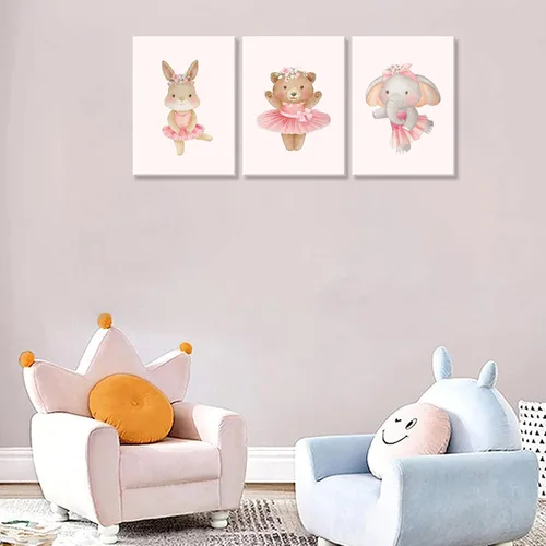Vista 8 de 3 piezas de lienzo de animales de bailarina rosa, arte de pared, lindo elefante, conejo, oso, decoración de pared, imágenes de guardería, habitación