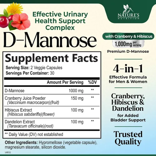 Vista 2 de D-manosa 1000 mg por porción – Arándano e hibisco – Eficaz de acción rápida, elimina las impurezas para la vejiga, suplemento de apoyo a la salud