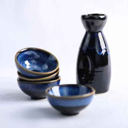 Vista 2 de Sizikato El juego de sake de porcelana de cerámica de 5 piezas incluye 1 botella de sake y 4 tazas de sake Azul oscuro