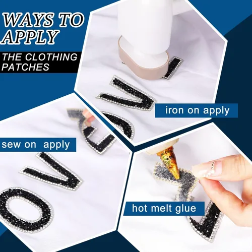 Vista 4 de Yinder 26 piezas de pegatinas de letras con purpurina y diamantes de imitación, diamantes de imitación para planchar, letras autoadhesivas A-Z Negro