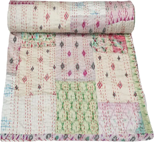 Vista 8 de Marubhumi Colcha india hecha a mano de seda india Sari Kantha acolchado patchwork (negro, individual (60 x 90 pulgadas)