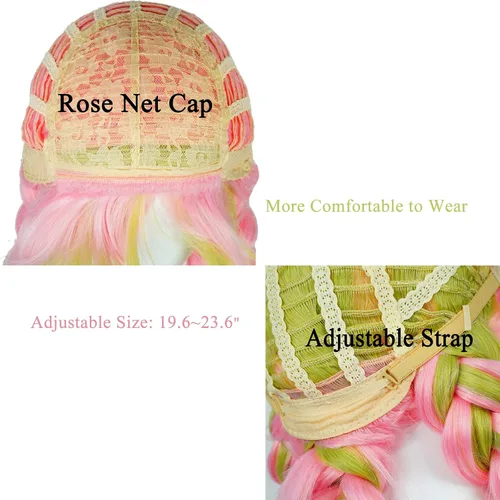 Vista 6 de Peluca SL para disfraz de cosplay Mitsuri, DS verde y rosa, con gorro