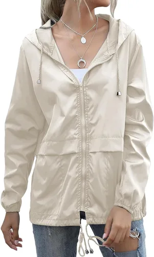 Vista 7 de Chaqueta impermeable ligera para mujer, rompevientos con capucha y bolsillos para exteriores Impermeable verde militar