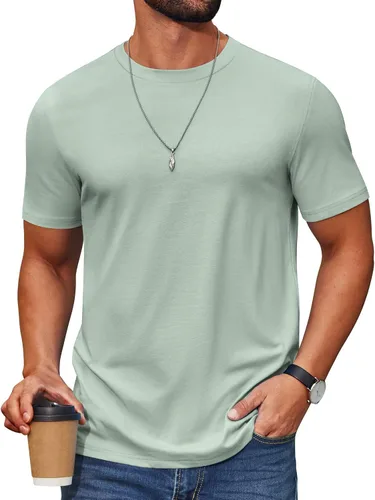 Vista 13 de COOFANDY Camiseta de manga corta para hombre, de mezcla de algodón, cuello redondo, informal, para verano, básica Verde militar