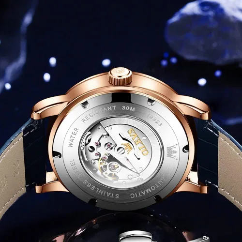 Vista 5 de OLEVS Reloj para hombre esfera de cielo estrellado Universo de Vía Láctea cuerda automática correa de cuero azul vestido de moda impermeable