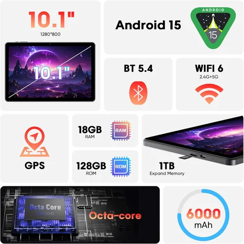 Vista 2 de Raemond Tablet Android 15 de 10 pulgadas con teclado y mouse, CPU octa-core, RAM 18 GB, ROM 128 GB (hasta 1 TB), 800 x 1280 Widevine L1, WiFi 6