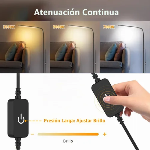 Vista 2 de Lámpara de pie de 15W con control táctil, brillo ajustable 3500K-7000K, lámpara de pie LED de cuello de ganso de 360°, lámpara de pie para cuidar