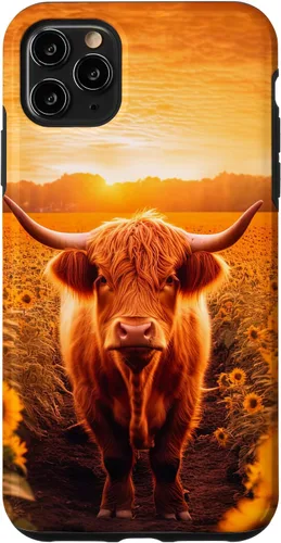 Vista 4 de iPhone 12 mini Estética Scottish Highland Cow In Sunflower Field Sunset Case