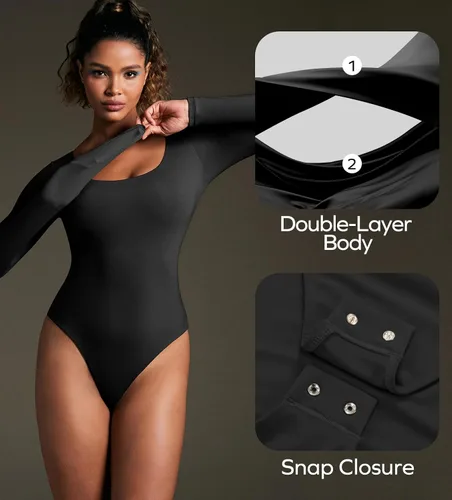 Vista 2 de Ewedoos Body de manga larga con cuello redondo para mujer, de doble capa, sexy, trajes de cuerpo