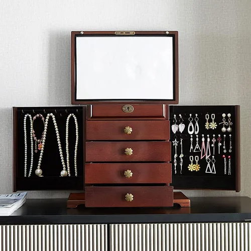 Vista 7 de Joyero de 5 niveles de gran capacidad, organizador con espejo de cerradura, contenedor de almacenamiento de joyas de viaje de madera, organizador