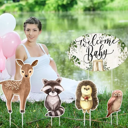 Vista 7 de Fumete 8 carteles de jardín de animales del bosque, para baby shower, género neutro, decoración de bienvenida de bebé con estacas, letreros