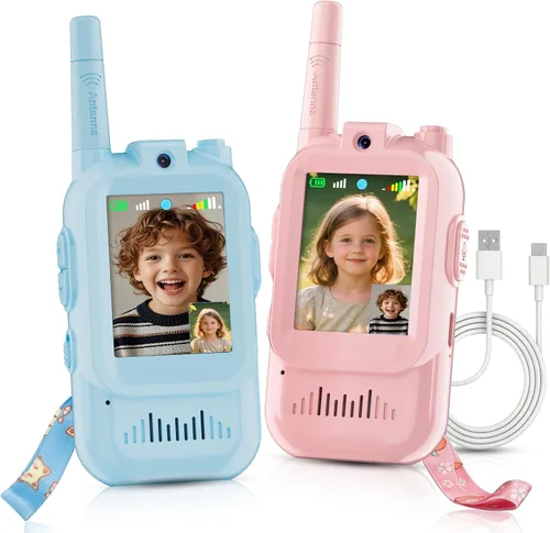 Vista 12 de Walkie Talkie para niños con video: paquete de 2 juguetes recargables para niños pequeños con cámara HD y cambiador de voz, juguetes de regalo