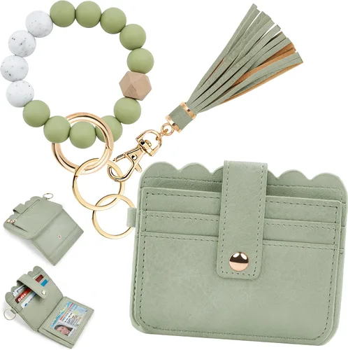 Vista 31 de Cartera de pulsera para mujer con llavero – Tarjetero RFID pequeña cartera con llavero Beige