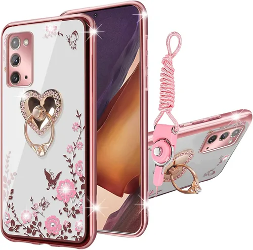 Vista 9 de Funda para Note 20, Galaxy Note 20 para mujer, con purpurina, suave, transparente, TPU de lujo, bonita funda protectora con correa de soporte