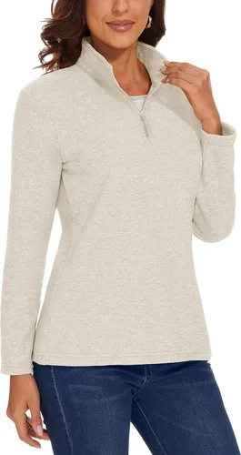 Vista 2 de MAGCOMSEN Sudadera de forro polar con cremallera de un cuarto para mujer, suave, ligera, manga larga, cálida, Beige
