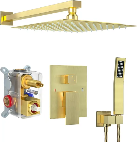 Vista 14 de Sistema de ducha dorado cepillado con cabezal de ducha de lluvia de 10 pulgadas y boquilla de bañera cUPC-certified pressure balance brass valve