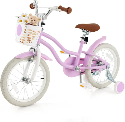Vista 15 de COSTWAY Bicicleta para niños de 12, 14, 16, 18 pulgadas, bicicleta para niños con ruedas de entrenamiento, frenos de mano y posavasos, sillín