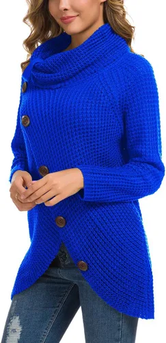 Vista 3 de GRECERELLE - Suéter de color sólido, sin botones funcionales, grueso, con botones decorativos para mujer, suéter de punto con cuello alto